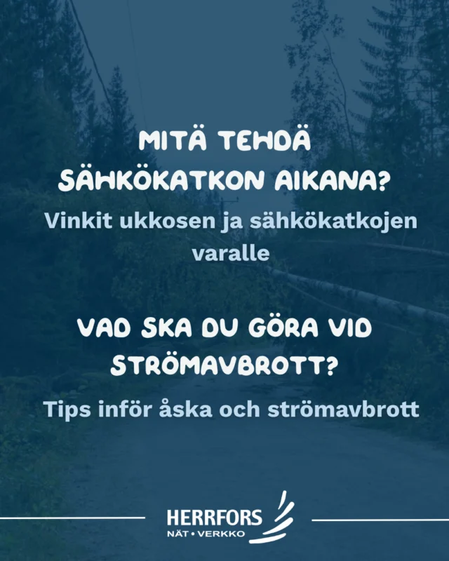 (FI/SVE) Olemme tänä kesänä onneksi välttyneet rajuilta ukkosilta, mutta ukkosiin ja mahdollisiin sähkökatkoihin on silti hyvä varautua etukäteen.⁠
⁠
💡Jos sähköt katkeavat, tarkista sulakkeet ja naapurien valot, kytke kodinkoneet pois päältä ja jätä yksi valo päälle kertomaan, milloin sähköt palaavat. Älä koskaan koske vaurioituneisiin sähkölinjoihin.⁠
⁠
⚡️Nollavika voi olla hengenvaarallinen. Jos epäilet nollavikaa, älä käytä sähköä, vaan ota heti yhteyttä sähköalan ammattilaiseen.⁠
⁠
👉🏼Lue lisää sähkökatkoihin varautumisesta, häiriökartasta ja nollavian tunnistamisesta:⁠ www.herrforsnat.fi
⁠
//⁠
⁠
Vi har som tur varit förskonade från kraftigare åska hittills i sommar, men det är ändå bra att vara förberedd på åska och eventuella strömavbrott.⁠
⁠
💡Kontrollera säkringarna och grannarnas lampor, stäng av hushållsapparater och lämna en lampa på. Rör aldrig skadade elledningar.⁠
⁠
⚡️Nollfel kan vara livsfarligt. Om du misstänker nollfel, använd inte el och kontakta genast en fackman.⁠
⁠
👉🏼Läs mer om hur du förbereder dig inför elavbrott, störningskartan och hur du känner igen nollfel på vår webbplats: www.herrforsnat.fi
⁠
#herrfors #herrforsnätverkko