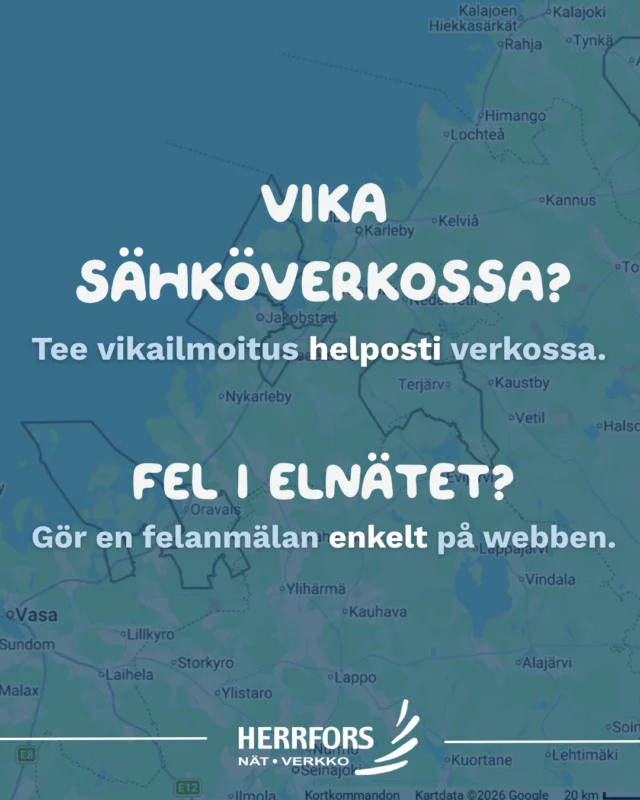 (FI/SVE)⚡ Oletko havainnut sähköverkossa vian tai häiriön?⁠
⁠
Voit ilmoittaa siitä helposti verkkosivuillamme olevalla lomakkeella. Valitse vikaa parhaiten kuvaava vaihtoehto ja kerro mahdollisimman tarkasti, mitä on tapahtunut. Tieto välittyy suoraan käyttökeskukseemme ympäri vuorokauden.⁠
⁠
🗺️Tarkista ennen vikailmoituksen tekemistä keskeytyskartalta, onko alueellasi jo tiedossa oleva sähkökatko.⁠
⁠
⚠️Jos tilanteesta aiheutuu vaaraa, älä mene lähelle vikapaikkaa, vaan soita hätänumeroon 112.⁠
⁠
Tee vikailmoitus täällä:⁠
https://www.herrforsnat.fi/fi/vikailmoitus/⁠
⁠
//⁠
⁠
⚡ Har du upptäckt ett fel eller en störning i elnätet?⁠
⁠
Du kan enkelt anmäla det via formuläret på vår webbplats. Välj det alternativ som bäst beskriver felet och ge så noggranna uppgifter som möjligt om vad som har hänt. Informationen går direkt till vår driftcentral dygnet runt.⁠
⁠
🗺️Kontrollera gärna först på avbrottskartan om det redan finns ett känt strömavbrott i området.⁠
⁠
⚠️Om situationen innebär fara ska du hålla avstånd till skadeplatsen och ringa nödnumret 112.⁠
⁠
Gör en felanmälan här:⁠
https://www.herrforsnat.fi/felanmalan/⁠
⁠
#herrforsnätverkko #herrfors